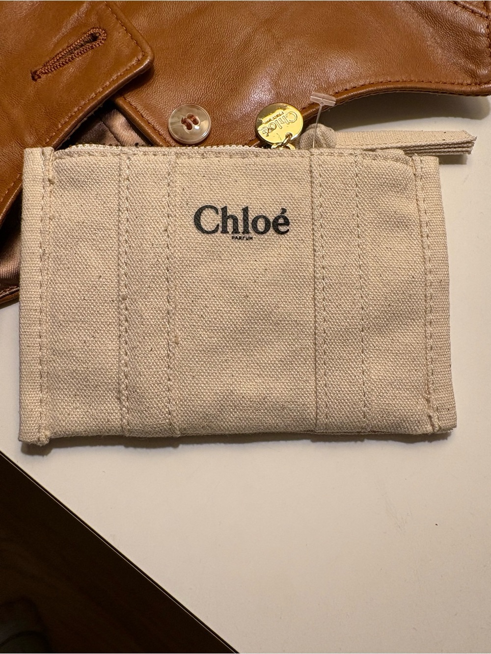 Chloé Beige Canvas Zip Pouch with Gold Charm
